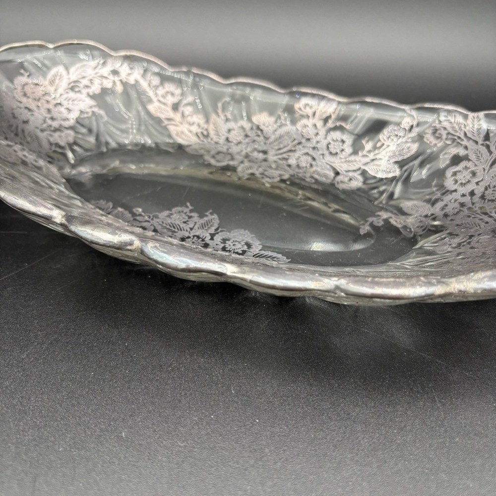 Set Silver City Glass Flanders Poppy Divided Relish & 11" Oval Dish Silver Leaf - Picture 14 of 14